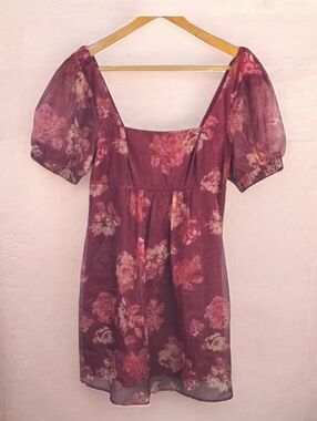 wild fable Dress Womens Size Small Burgundy Floral Puff Sleeve